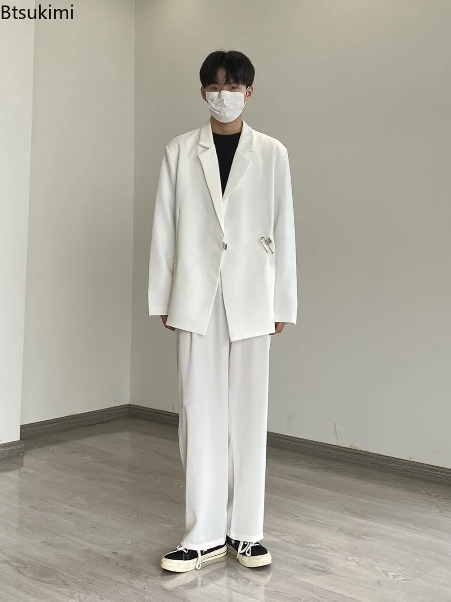 2025 Men's Korean Style Spring Casual Suit Jacekt Metal Buckle Male Loose  Male Solid Color Blazers Harajuku Long Sleeve Coats