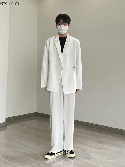 2025 Men's Korean Style Spring Casual Suit Jacekt Metal Buckle Male Loose  Male Solid Color Blazers Harajuku Long Sleeve Coats