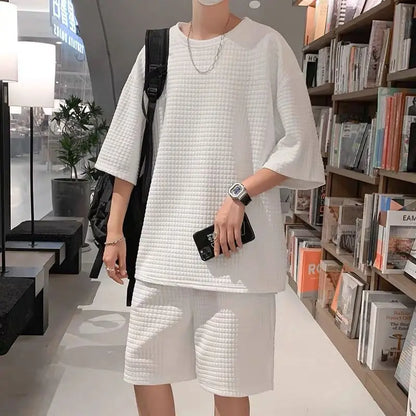 Ice Silk ort Sve Sportswear Set for Men Summer Casual Leisure Five-Quarter Pants Teenage Brand T-irt ort Pants Set