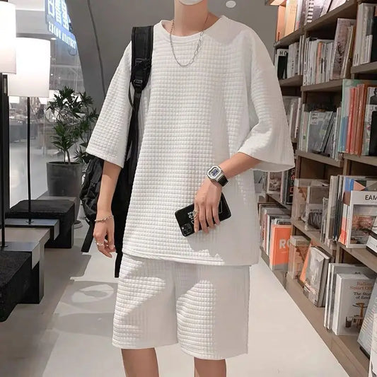 Ice Silk ort Sve Sportswear Set for Men Summer Casual Leisure Five-Quarter Pants Teenage Brand T-irt ort Pants Set