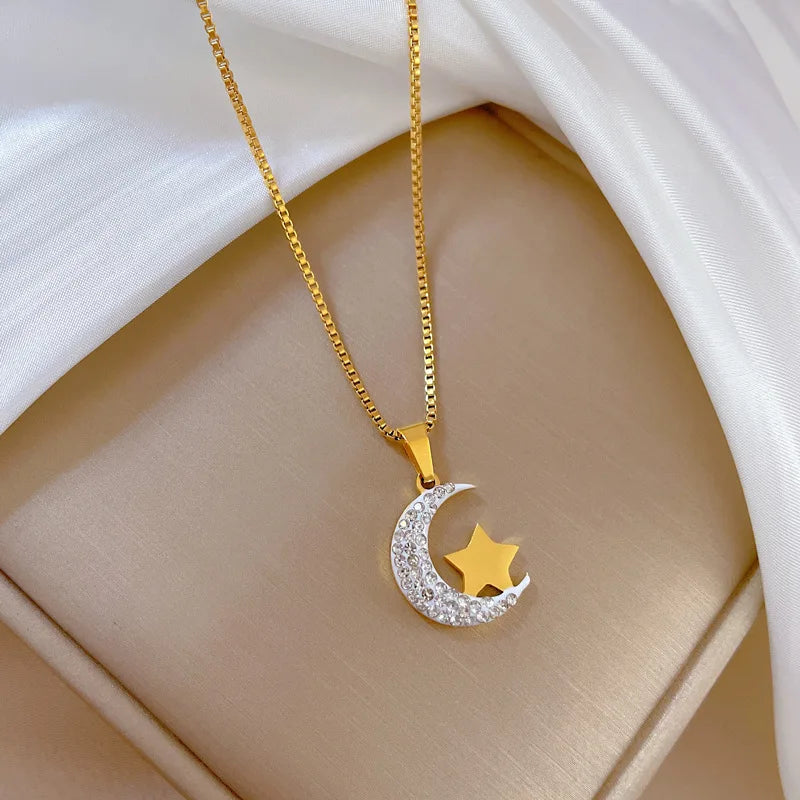 DIEYURO 316L Stainless Steel Moon Stars Pendant Necklace For Women Girl Fashion Clavicle Chain Choker Jewelry Gift Wedding