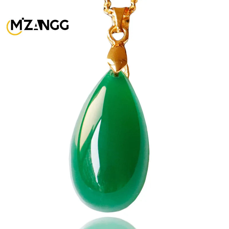 Natural Agate Drop Pendant Green Chalcedony Necklace Fashion Luxury Jewelry for Girlfriend Mother Holiday Gift