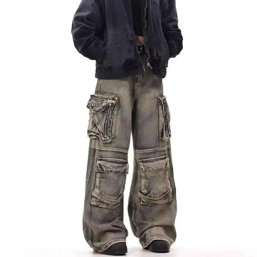 PFNW American Washed Distressed Denim Cargo Pants For Men Multi Pocket Spliced Design Hip-hop Loose Wide Leg Baggy Jeans 28W5622