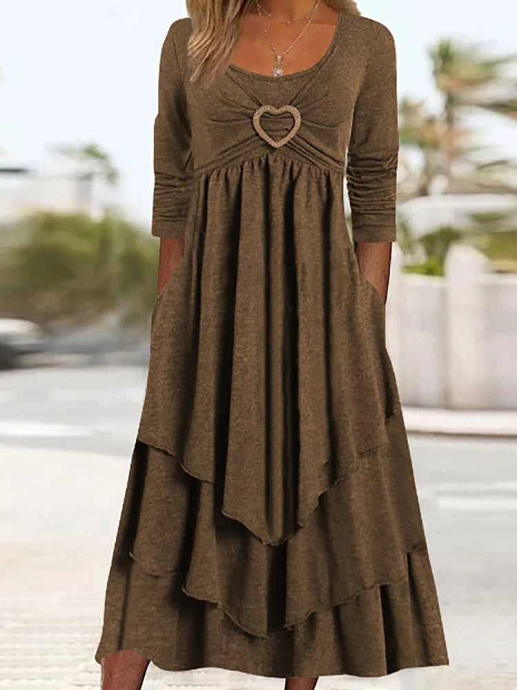 Elegant Office Women Patchwork Pockets Midi Dress Round Neck Basic Solid Long Sleeve Dress Lady Casual Summer Ruffles Club Dress