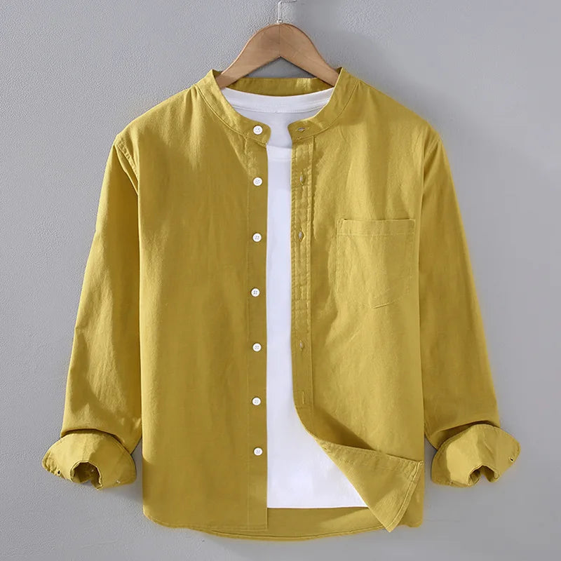 Japanese Mens Linen Cotton Thin Shirt Harajuku Stand Collar Long Sleeve Solid Color Shirts Male Casual Breathable Classical Tops