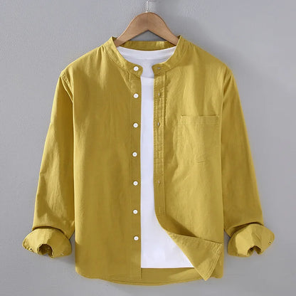 Japanese Mens Linen Cotton Thin Shirt Harajuku Stand Collar Long Sleeve Solid Color Shirts Male Casual Breathable Classical Tops