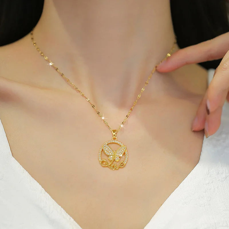 DIEYURO 316L Stainless Steel Butterfly Love Letter Pendant Necklace For Women Girl New Trend Clavicle Chain Jewelry Lady Gift
