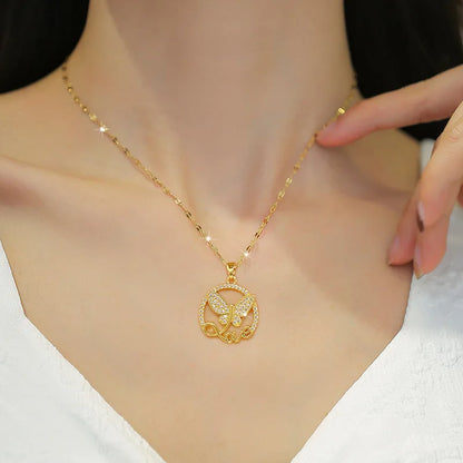 DIEYURO 316L Stainless Steel Butterfly Love Letter Pendant Necklace For Women Girl New Trend Clavicle Chain Jewelry Lady Gift