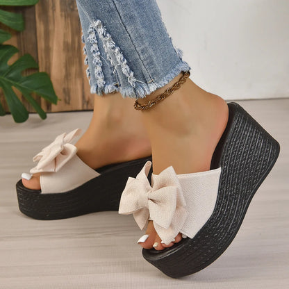 Platform Bowknot High Heels Slippers Women's Wedding Shoes Summer 2025 Casual White Black Slides Ladies Beach Pantuflas De Mujer