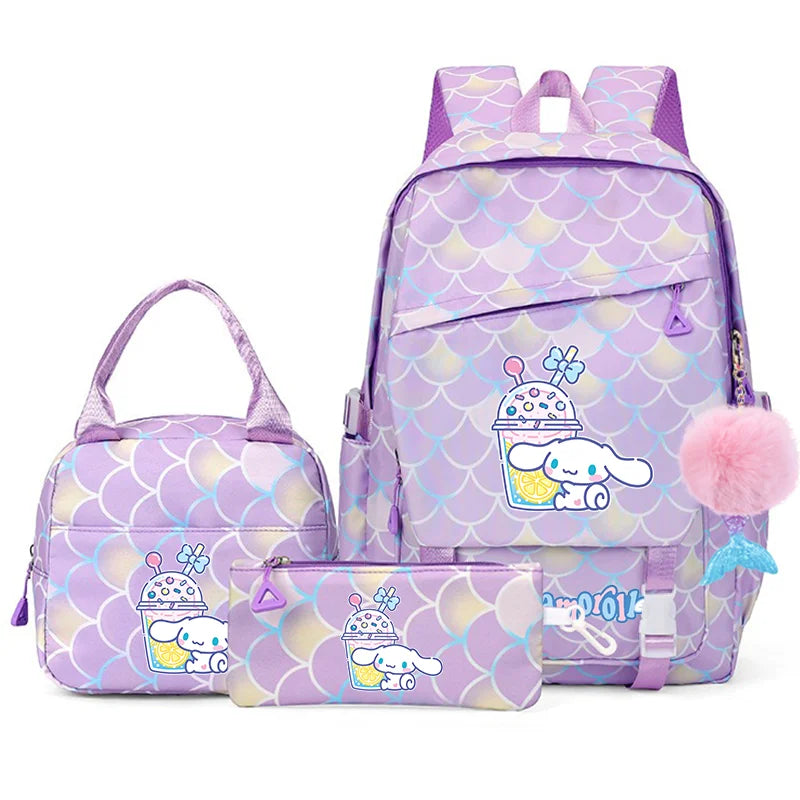 3Pcs Cinnamoroll Fish Scale Kid Backpack With Mermaid Pendant Lunch Girl School Bag Children Schoolbag For Teenage Girls