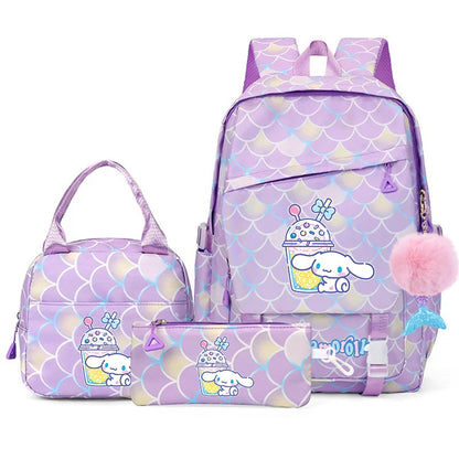 3Pcs Cinnamoroll Fish Scale Kid Backpack With Mermaid Pendant Lunch Girl School Bag Children Schoolbag For Teenage Girls