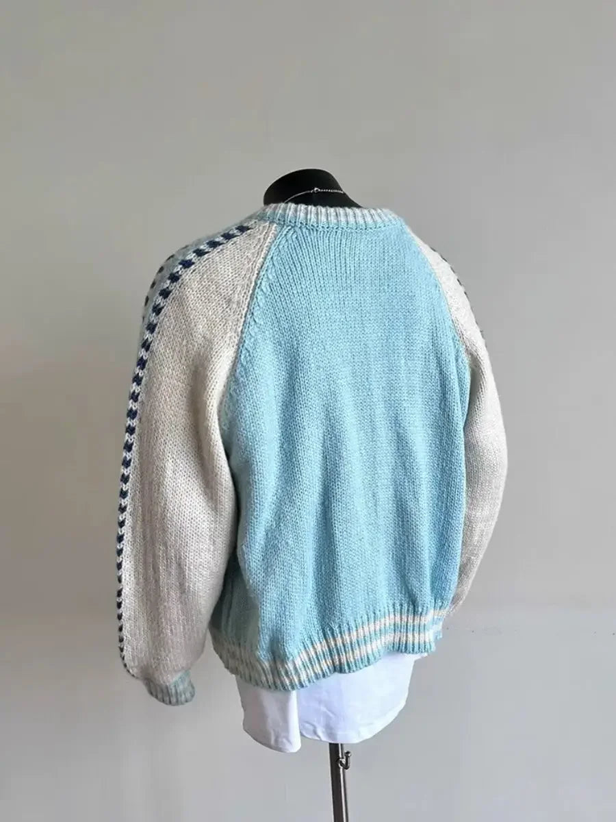 Retro Contrast Color Splicing Cardigan Couple Sweater Street Casual Loose Sports Y2K Top American Trendy Jacket Knitted Sweater