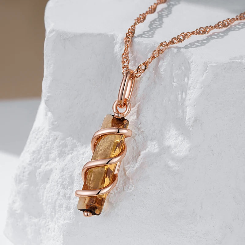 Kinel Fashion Light Brown Natural Zircon Pendant Necklace for Women Simple Square 585 Rose Gold Color High Quality Daily Jewelry
