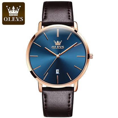 OLEVS 5869 Ultra Thin 6.5mm Quartz Watch for Men Fashion Leather Strap Simple Luxury Auto Date Clock Waterproof Men's Wristwatch