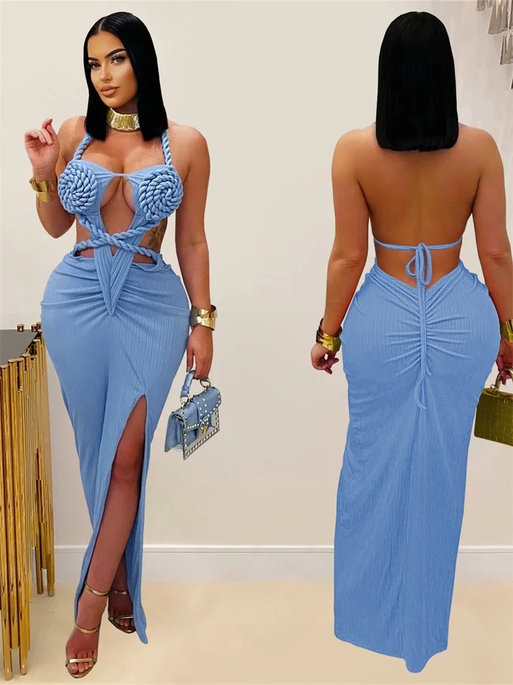 kliou Sexy Knitted Women Maxi Dress Hipster Coquette Halter Lace Up Backless Split Sheath Vestidos Mujer Nightout Party Frock