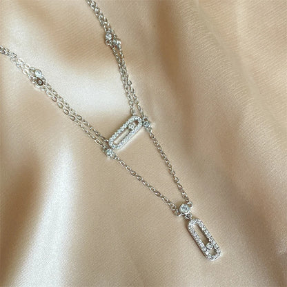 Paperclip Double-Layer Necklace Women With Full Diamonds Rectangular 18K Gold Pendant Long Tassel Clavicle Chain Daily Jewelry