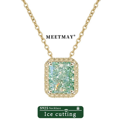 S925 sterling silver plated platinum rectangular mint green sparkle ice cut zircon pendant necklace for women fine jewelry gifts