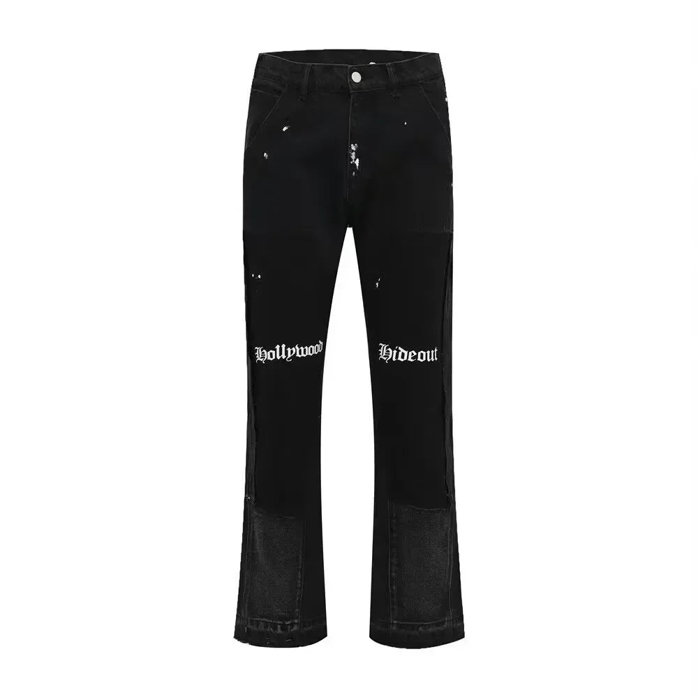European and American high street men's washed jeans retro personalized straight-leg splicing flared pants trendy denim trousers