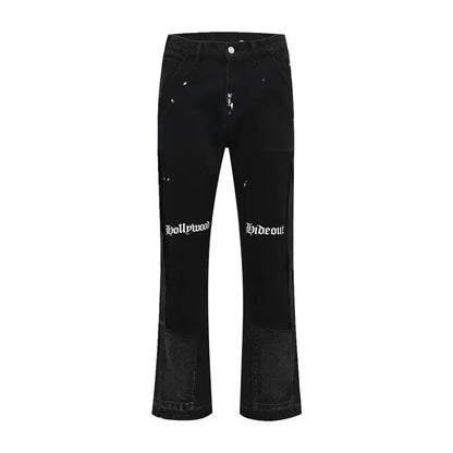 European and American high street men's washed jeans retro personalized straight-leg splicing flared pants trendy denim trousers