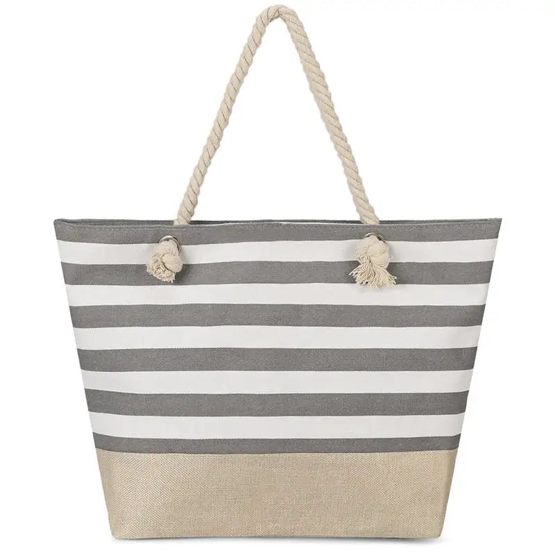 Striped Zipper Outer Bag For Outdoor Travel Vacation Waterproof Canvas Shoulder Bag Convenient Folding Beach Bag Shopping Totes