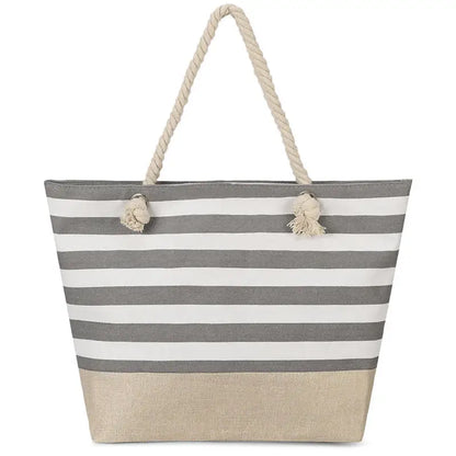 Striped Zipper Outer Bag For Outdoor Travel Vacation Waterproof Canvas Shoulder Bag Convenient Folding Beach Bag Shopping Totes