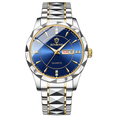 2025 New Watch Diamond Luxury Night Glow Double Calendar Quartz Movement Gold Blue Stainless Steel Fashion Business Man Watch