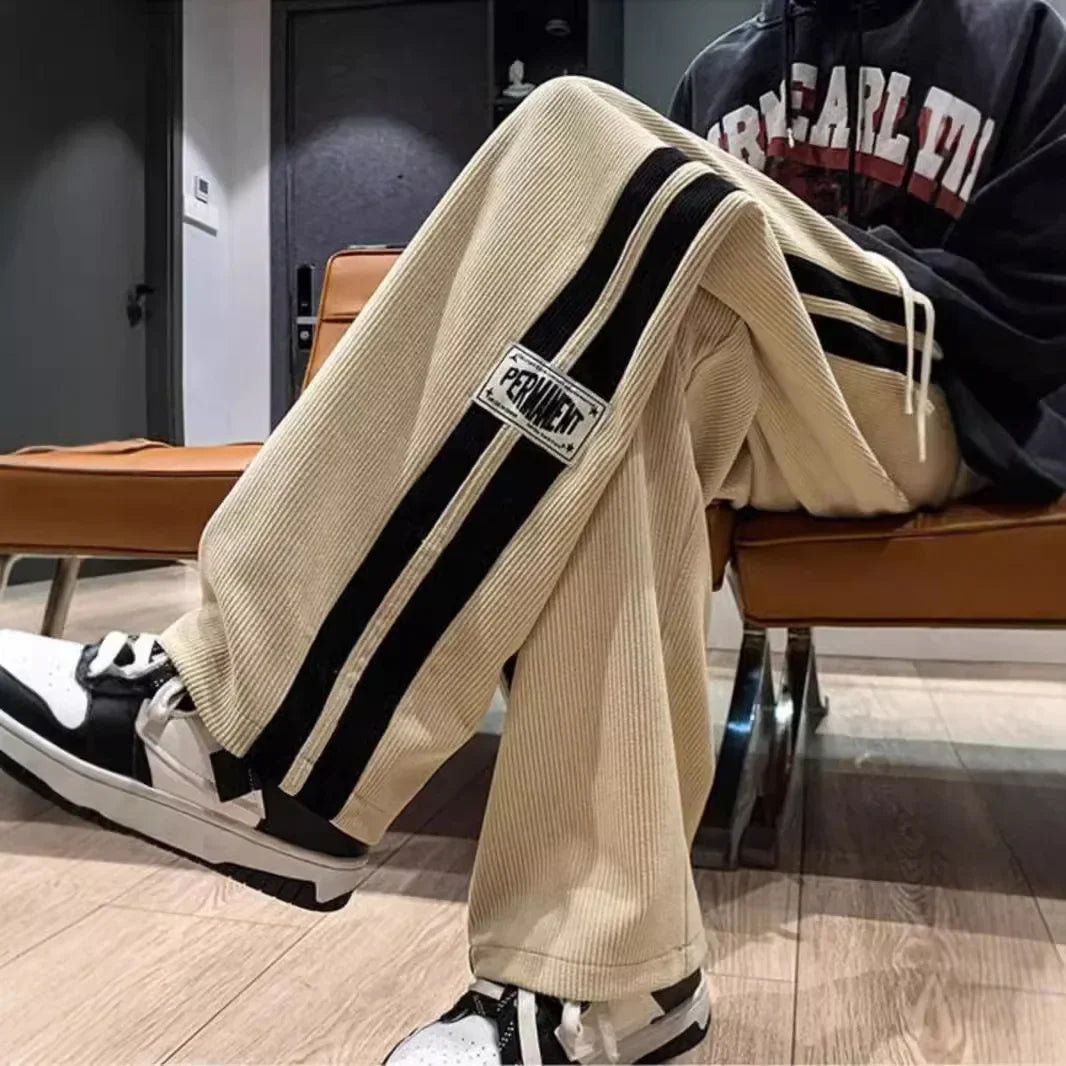 Spring Autumn Men's Corduroy Pants American Style Loose Fit Casual Striped Letter Straight Leg Couple Bell Bottoms Trendy New Mo