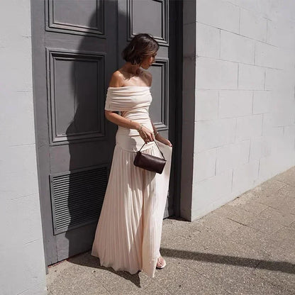 Elegant scoop neck pleated dress for women, slim party dresses for women, educational fashion, chic, summer, 2025