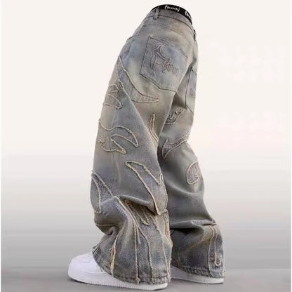 2025 Y2k Hip Hop Baggy Jeans Men's Street Fashion Raw Edge Embroidered Jeans Street Gothic Retro High Waisted Wide Leg Trousers