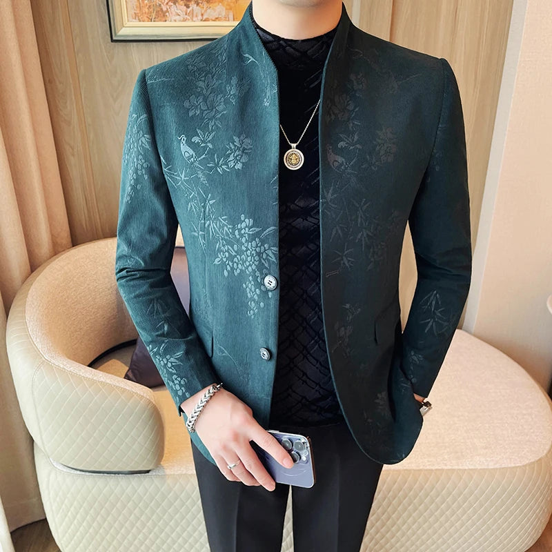 Men's New Chinese Stand Collar Blazer Jacket 2025 Fashion Elegant Printed Slim Fit Business Suits Jacket Tailcoat Men Clothing