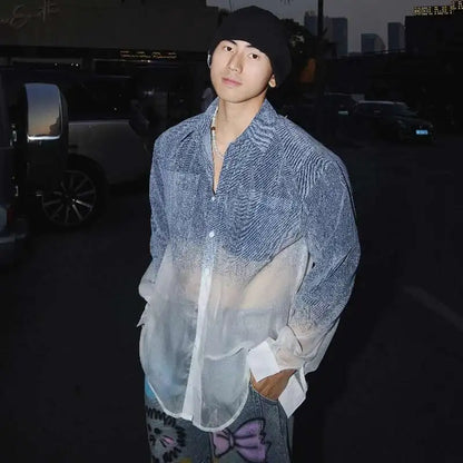 FEWQ Niche Design Men's Shirts Lapel Denim Single Breasted Long Sleeved Casual Gradient Color Loose Male Pocket Top Chic 24K3470