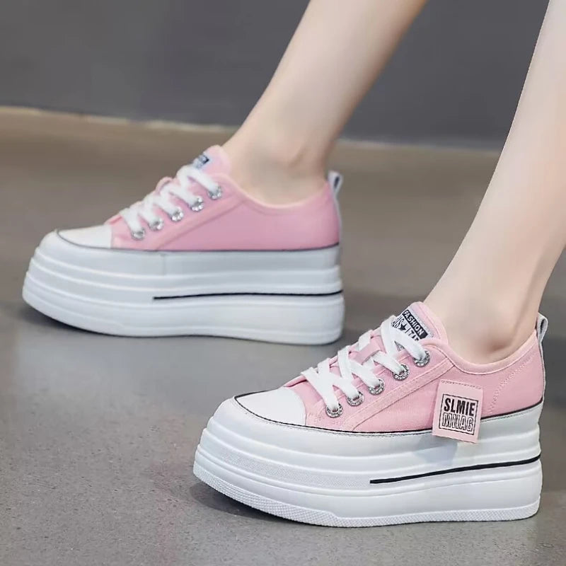 Casual Canvas Shoes 2024 New Women's Solid Color Thick Sole Sports Wedge Heel Height Increasing Breathable Vulcanized Women's