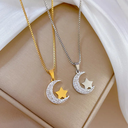 OIMG Titanium Steel No Rust Inlay Cubic Zirconia Stone Moon Star Pendant Necklace for Women Dainty Charm Girls clavicle Necklace