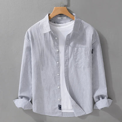 Simple Striped 100% Cotton Shirts for Men Clothing Casual Big Pocket Long Sleeve Men Shirts FY9920