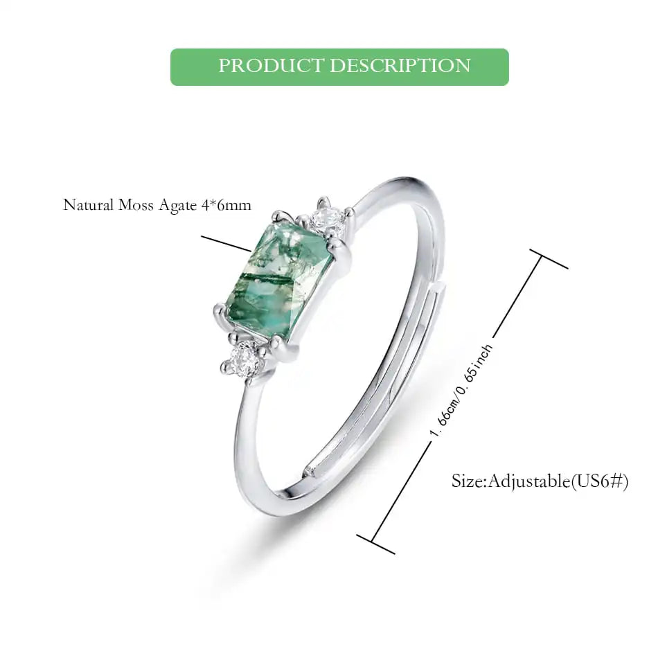 WES 925 Silver Geometric Adjustable Rings for Woman Natural Stone 4*6mm Moss Agate Crystal Wedding Gift Fine Jewelry Wholesale