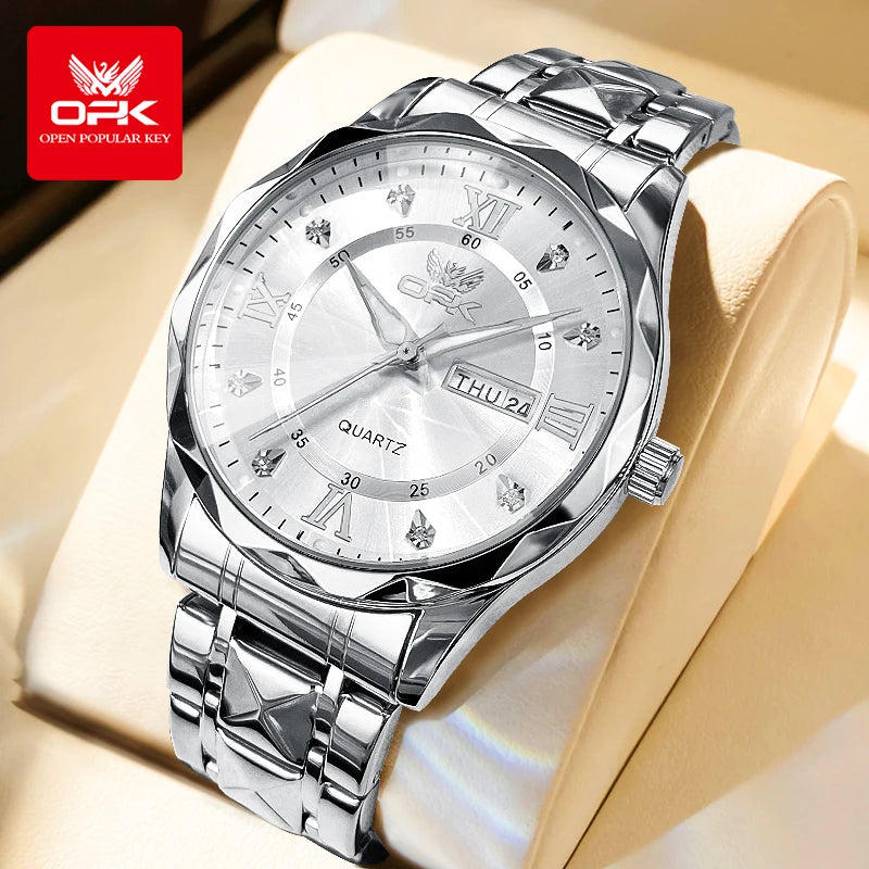 OPK Brand men's steel strap quartz watch dual calendar waterproof night light 6023