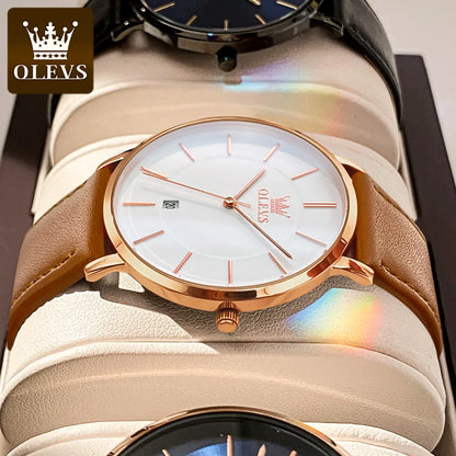 OLEVS 5869 Ultra Thin 6.5mm Quartz Watch for Men Fashion Leather Strap Simple Luxury Auto Date Clock Waterproof Men's Wristwatch