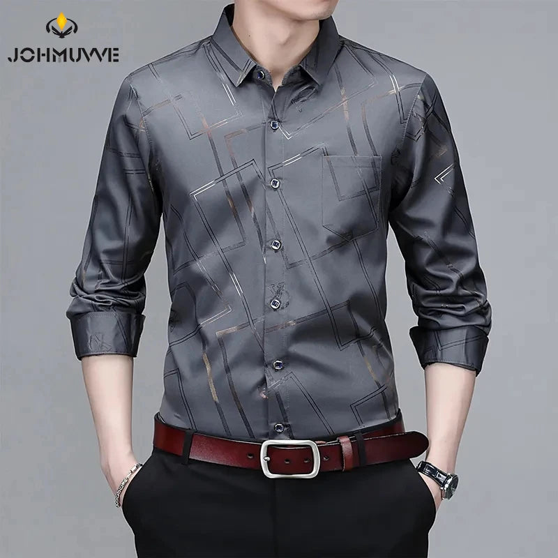 Men's Casual and Fashionable Long Sleeved Printed Shirt Non Ironing and Wrinkle Resistant Business Top