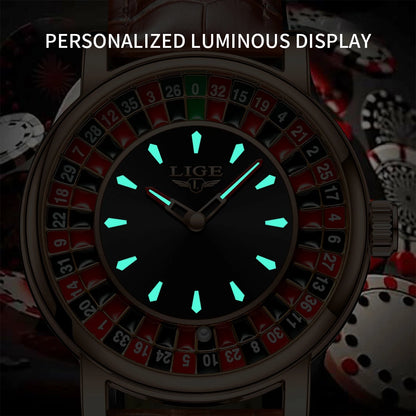 LIGE Quartz Man Watch Fashion Luxury Creative Roulette Game Dial Design Leather Casual Life Waterproof Watches for Men Gifts+Box