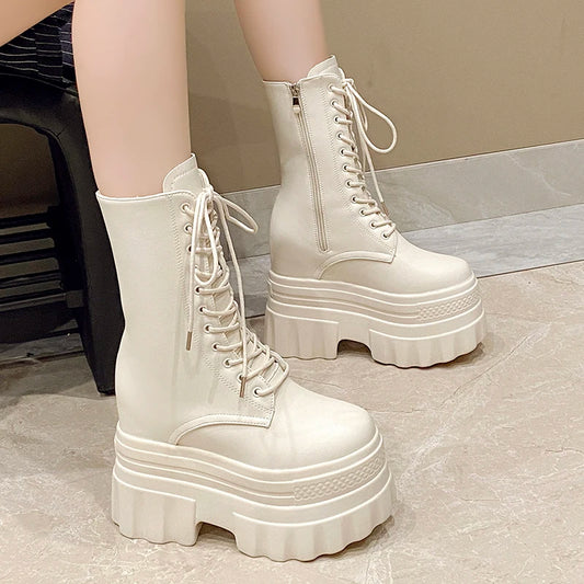 14CM Soft Leather Ankle Mid Calf Boots Winter Autumn High Platform Wedge British Booties Woman  Ladies Chunky Motorcycle Boots