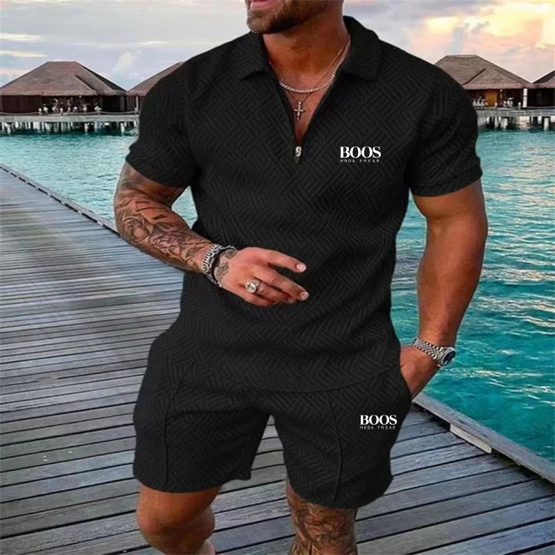 Summer men's embroidered high-quality zipper short sleeved shorts set, new fashionable and casual multifunctional beach set