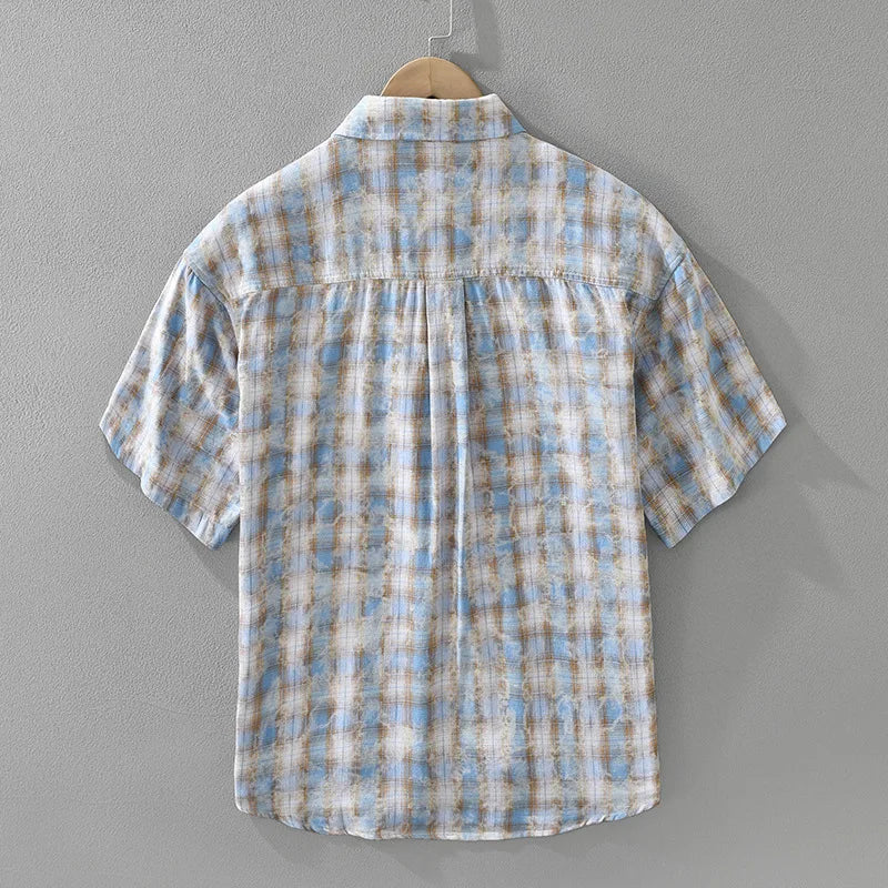 2025 Summer New 100% Cotton Casual Plaid Short Sleeve Shirt for Men Loose Turn-down Collar Shirt CM8265