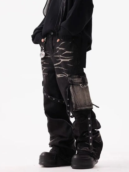 2025 Cyber Y2K Streetwear Ripple Strap Baggy Cargo Jeans Pants For Men Designer Clothes Wide Leg Black Multi Pockets Trousers
