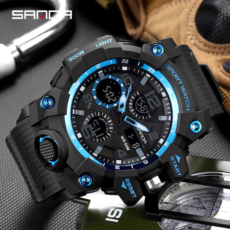 SANDA 6021 Sport Watch for Men Waterproof LED Dual Display Quartz Wristwatch Mens Digital Clock Military Stopwatch Reloj Hombre