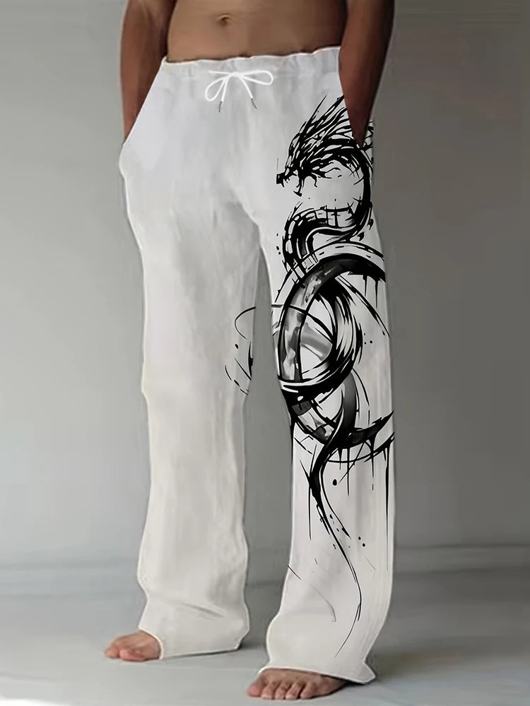 Spring Summer Men's Cool Touch Trousers Dragon Print Stretch Large Size Breathable Trousers Hawaii Beach Drawstring Trousers