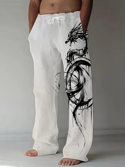 Spring Summer Men's Cool Touch Trousers Dragon Print Stretch Large Size Breathable Trousers Hawaii Beach Drawstring Trousers