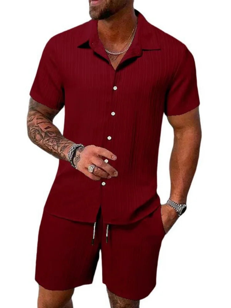 Men's casual sports beach outfit: Collared striped button-down short-sleeved shirt + drawstring shorts. Solid color 2-piece set.