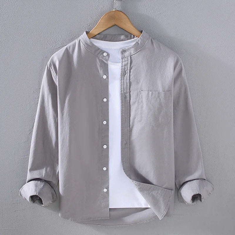 Japanese Mens Linen Cotton Thin Shirt Harajuku Stand Collar Long Sleeve Solid Color Shirts Male Casual Breathable Classical Tops