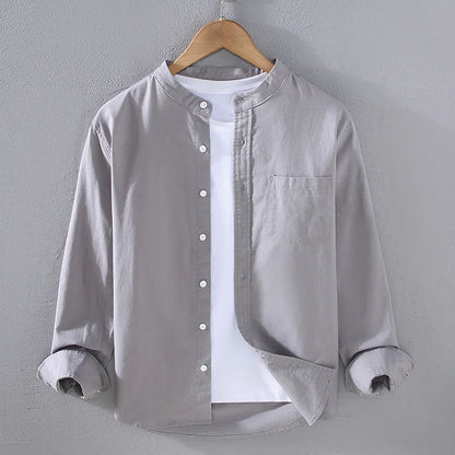 Japanese Mens Linen Cotton Thin Shirt Harajuku Stand Collar Long Sleeve Solid Color Shirts Male Casual Breathable Classical Tops