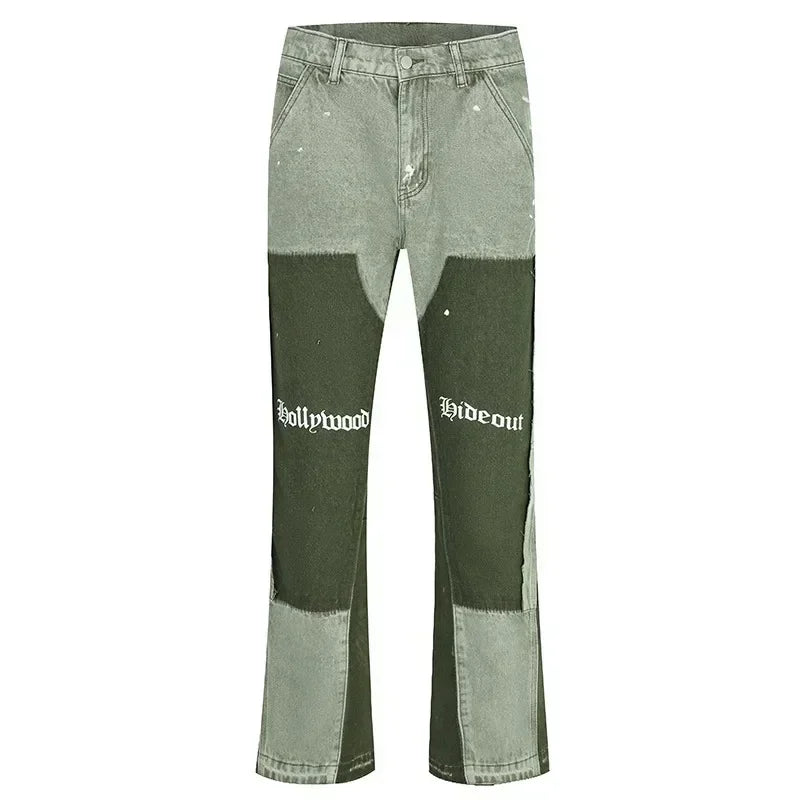 European and American high street men's washed jeans retro personalized straight-leg splicing flared pants trendy denim trousers